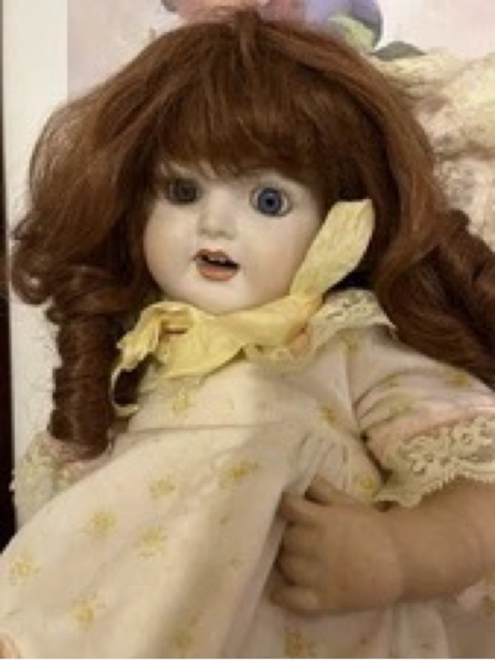 Vintage Porcelain Doll with Red/Brown Hair and Yellow Dress